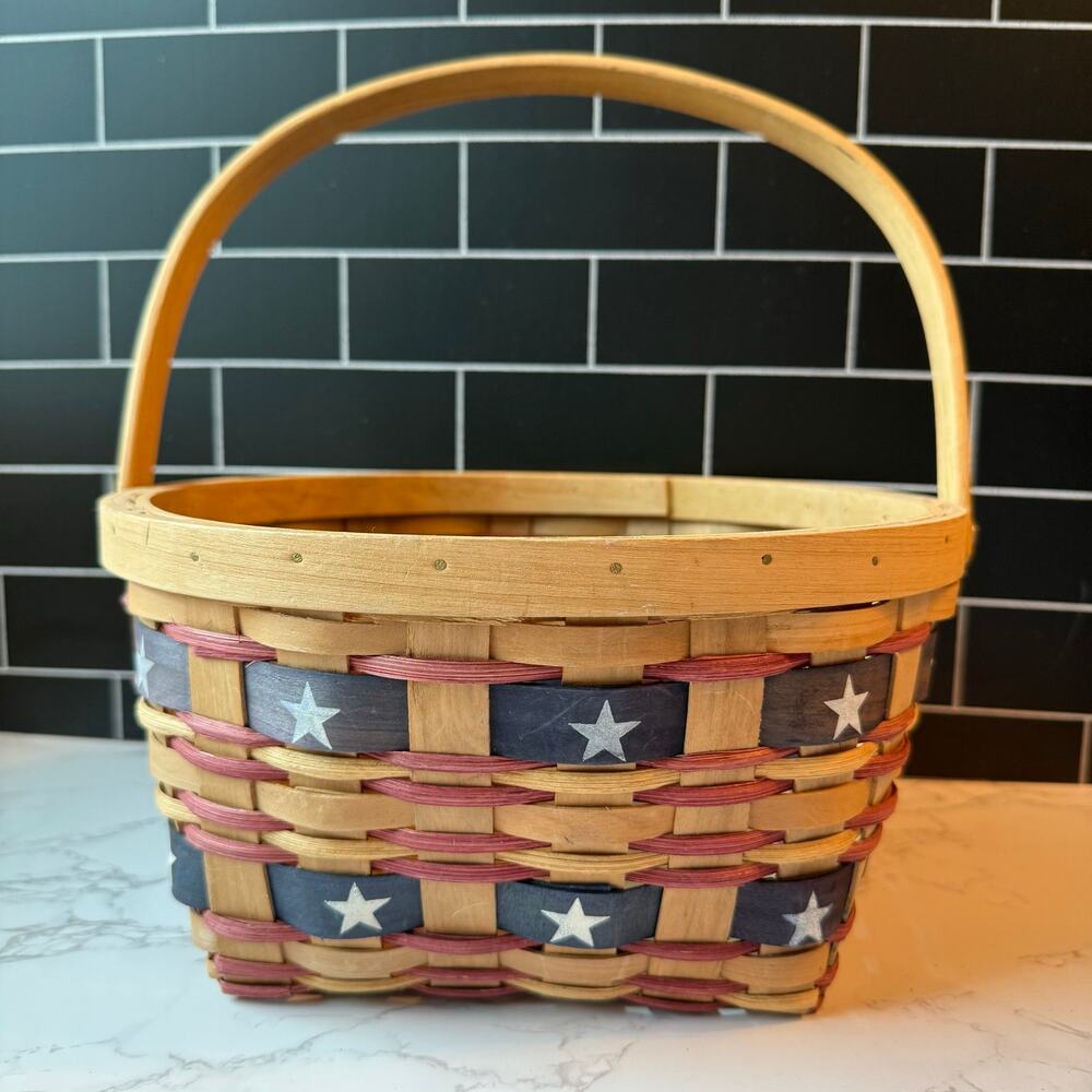Vtg Woven Wood Basket Square Storage Americana Red Patriotic